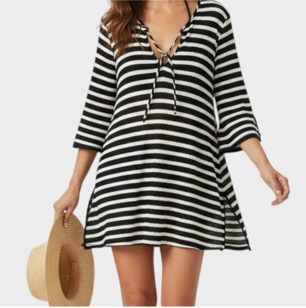 Balance Collection Cover Up Swim L Striped Black White Tie Neck 3/4 Sleeve Dress